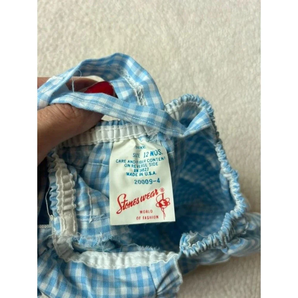 Vintage Stones Wear Blue & White Gingham Baby Girl Bubble Romper Daisy’s 12 Mo